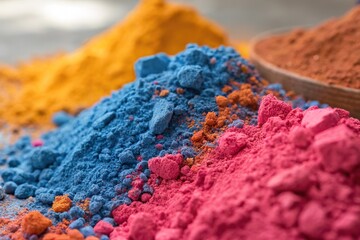 Pile of colorful powder pigment on market table. Holi festival and art supply