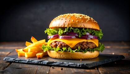 Delicious Gourmet Burger with Fries on Slate, Dark Background, Close Up