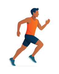 Runner Sprinting Forward in Orange and Blue Sportswear vector