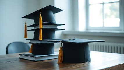 Stacked graduation hats on a wooden table, softly lit by natural window light in an academic setting.