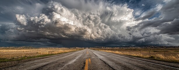Stormy road through a vast field