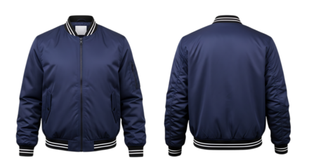 Navy blue bomber jacket front and back view isolated on transparent background