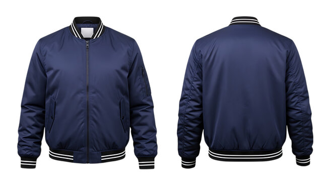 Navy blue bomber jacket front and back view isolated on transparent background