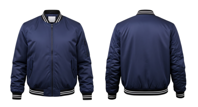 Navy blue bomber jacket front and back view isolated on transparent background