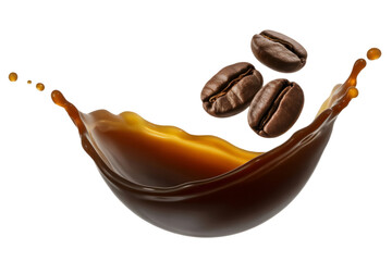 coffee splash with roasted coffee beans in dynamic motion on transparent background