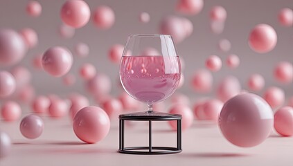 Pink wine glass on pedestal, surrounded by floating spheres