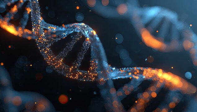 DNA strand with glowing particles