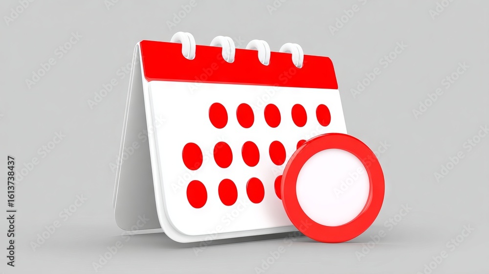 Poster calendar mock up with red accents and circular marker on gray background, showcasing a modern design