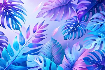 Vibrant tropical foliage with a dreamy iridescent glow in shades of blue and purple