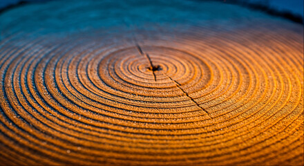 Detailed close-up of tree rings showing growth patterns and natural textures in warm light