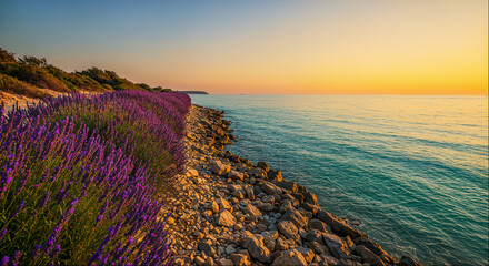 Lavender fields adjacent to calm waters under a bright sunset sky along the coastline