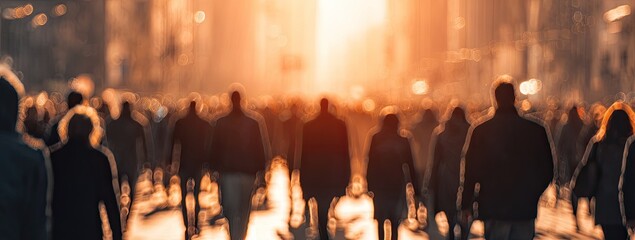 Crowd of people walking on a city street at sunset