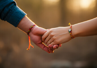 Brother and Sister Holding Hands with Rakhi on Wrist Celebrating Raksha Bandhan Bond