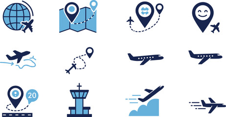 
Flight and travel icons set, airplane with location pin, airport control tower, route map, cad drawing flat vector illustration