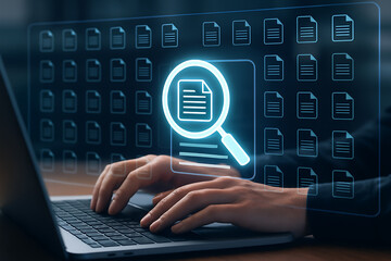 Document search and digital file management with magnifying glass icon, hands typing on laptop, data organization concept