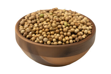 A wooden bowl full with coriander seeds on transparent background