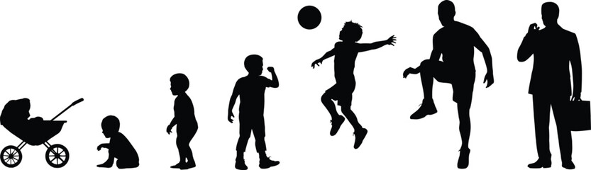 Boy to man silhouette PNG – male life stages vector with stroller, playing child, athlete, businessman, age progression chart