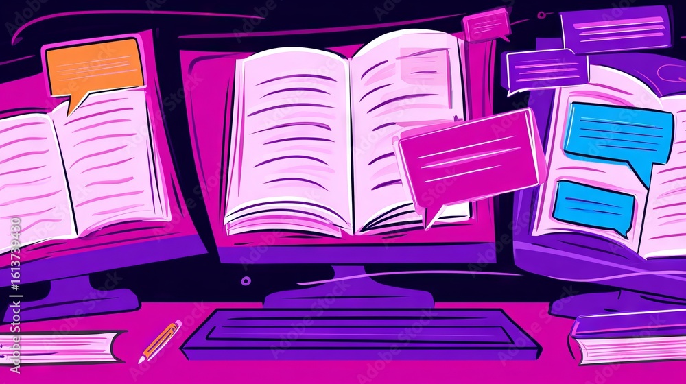 Aufkleber colorful digital illustration of open books on a desk with computer monitors displaying chat bubbles