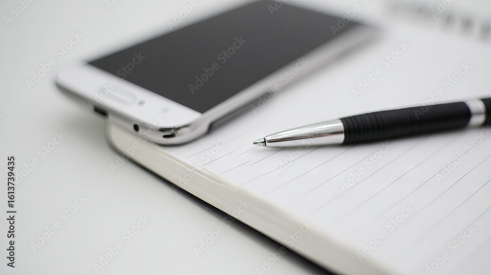 Poster smartphone resting on a blank notebook with a sleek pen placed beside it, creating an organized work