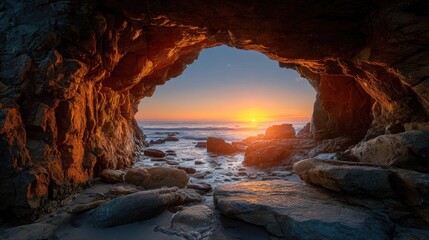 Sunrise view through coastal cave