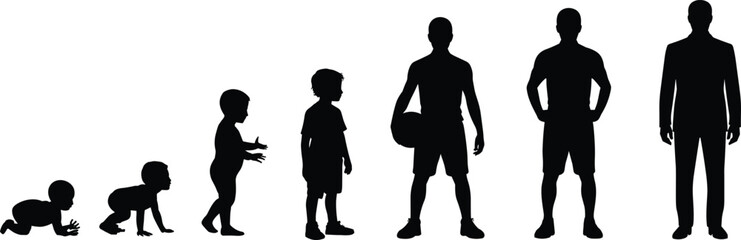 Male growth stages silhouette PNG – baby to man evolution vector, boy life timeline clipart, male age transformation chart