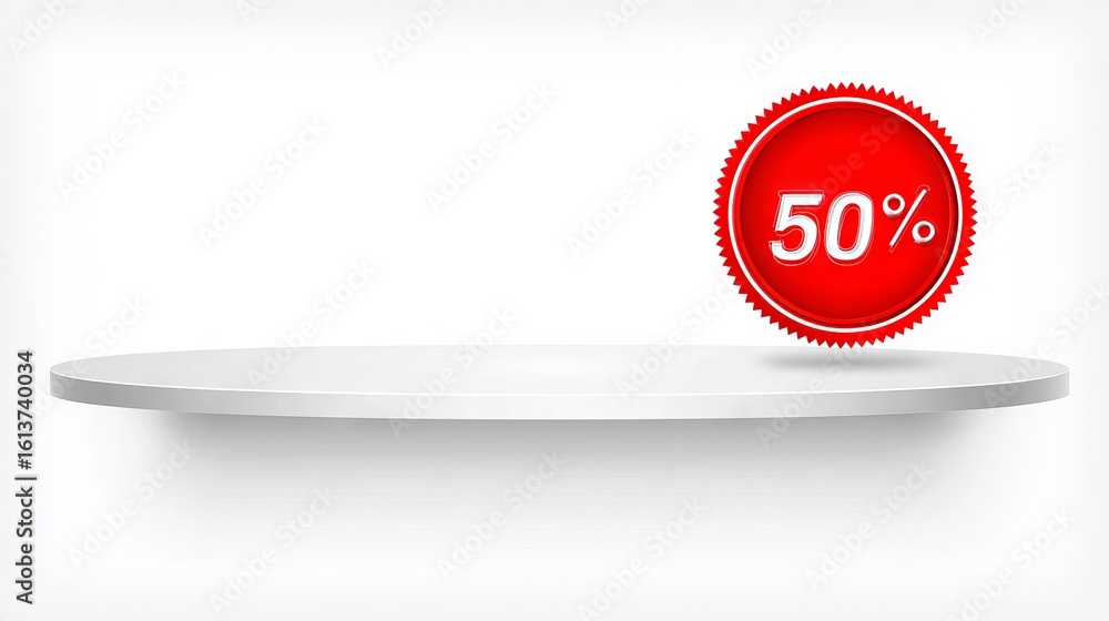 Poster empty white shelf with circular red discount badge displaying 50% off, ideal for showcasing products