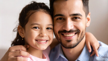 Dad and daughter for portrait with love or care, quality time and family bonding for memories or connection, parents and child together, 300 dpi, widescreen 16:9, with free space for text