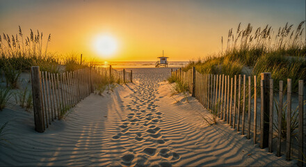 Sunset view of a sandy path leading to a lifeguard tower on the beach with tall grass and wooden fencing