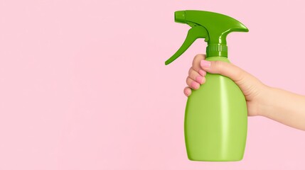 Hand holding a green spray bottle against a soft pink background, showcasing a cleaning product for household use, emphasizing cleanliness and freshness in everyday life