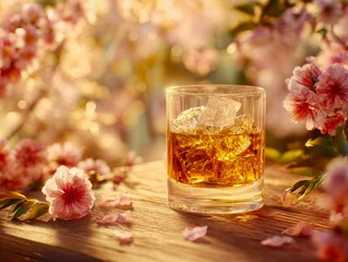 Whiskey Glass with Ice and Cherry Blossoms on Wooden Table