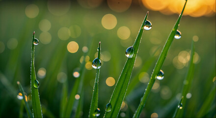 Close-up of dew-covered grass blades glistening in morning sunlight with a blurred background