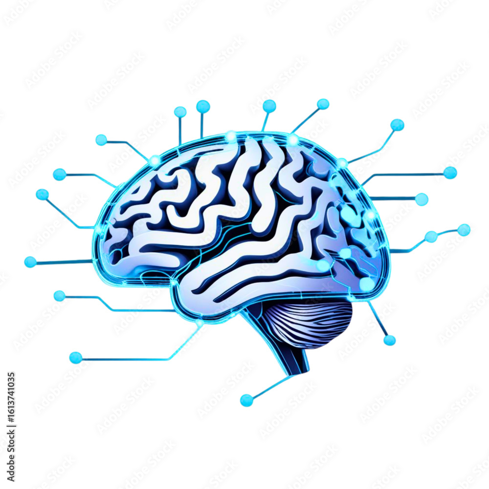 Poster futuristic glowing brain with interconnected digital circuits and nodes representing artificial inte
