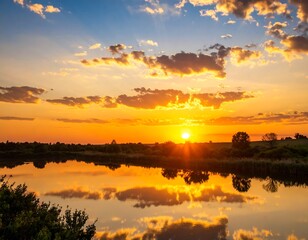 Fototapeta premium Golden sunset over tranquil lake