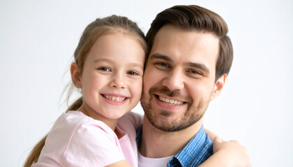 Dad and daughter for portrait with love or care, quality time and family bonding for memories or connection, parents and child together, 300 dpi, widescreen 16:9, with free space for text
