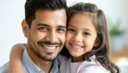 Dad and daughter for portrait with love or care, quality time and family bonding for memories or connection, parents and child together, 300 dpi, widescreen 16:9, with free space for text