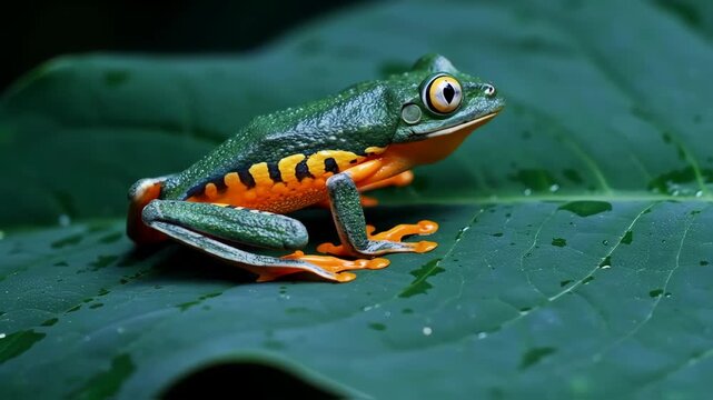 Colorful poison dart frog resting on a lush green leaf in vibrant rainforest environment