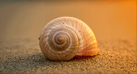 Spiral shell resting on sandy beach with warm orange light in the background during sunset