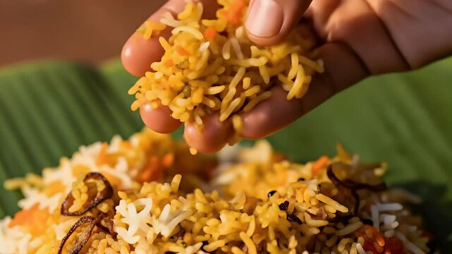 Fingers scooping biryani rice from banana leaf for indian wedding meal video
