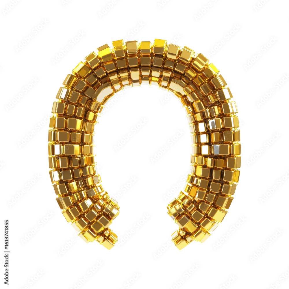 Poster golden horseshoe composed of shiny cubes. symbol of luck and prosperity in 3d abstract art isolated 