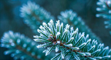 Frost-covered pine branches with delicate ice crystals in a winter forest environment