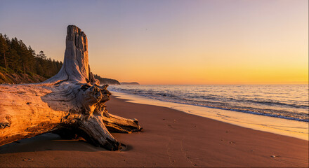 Driftwood on sandy beach at sunset with tranquil ocean waves in the background