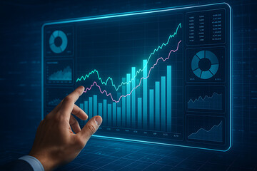 Financial growth and data analytics with interactive dashboard, business performance metrics and analysis, hand pointing at chart