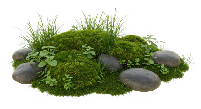 Lush green mossy mound with smooth grey stones and delicate foliage isolated on transparent background
