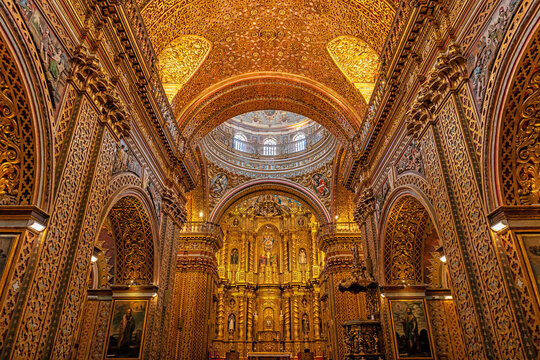Compania de Jesus (Society of Jesus) church interior with gold decorations in baroque style, Quito, Ecuador.