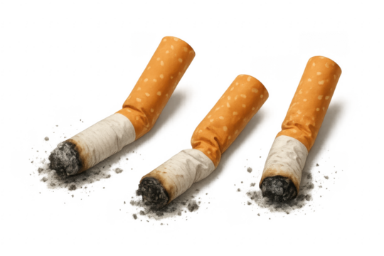 Three cigarette butts with ash on transparent background