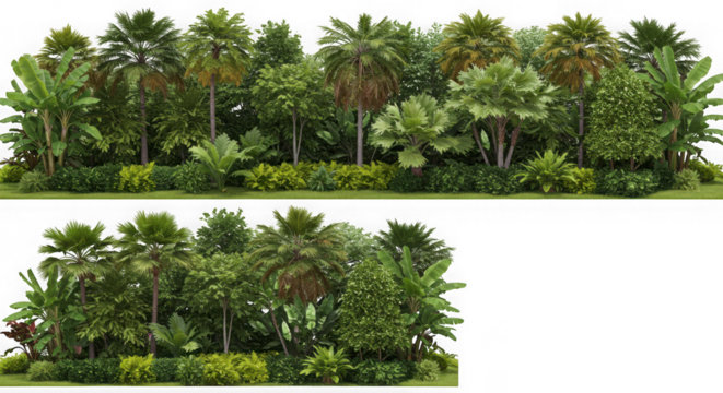 Lush tropical rainforest vegetation cluster with diverse palm trees and undergrowth isolated on transparent background