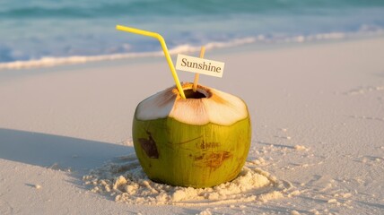 coconut fruit display A coconut drink with straws sits on the beach, evoking a sunny tropical vibe.