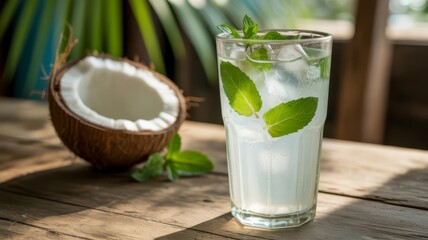 coconut fruit display Refreshing coconut drink garnished with mint leaves, served in a glass beside a coconut shell.