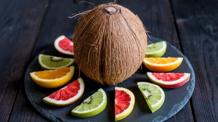 coconut fruit display A decorative display of citrus fruits arranged around a textured spherical object.