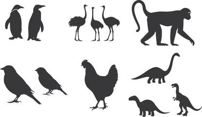 Different type animals silhouette set collection. Animal vector bundle  illustration black and white editable eps file.Alligator, Amphibian, Chicken, Dinosaur, Dog, graphic, Duck, Horse, Monkey, Old W